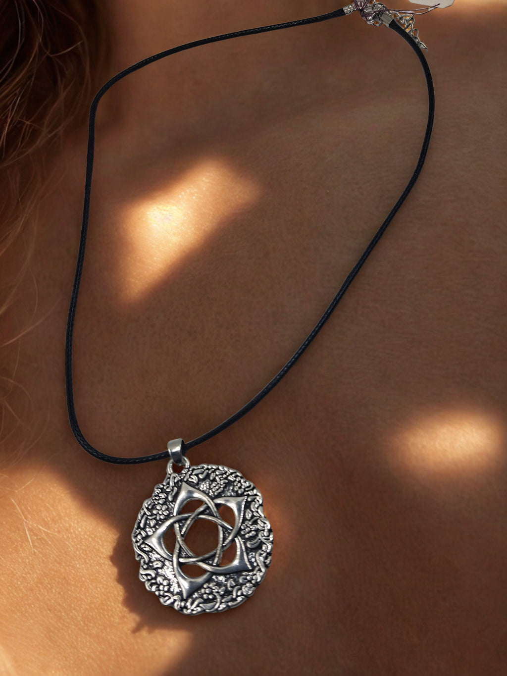 Pentacle of the Great Goddess Pendant Necklace - Antique Silver, Braided Black Cord