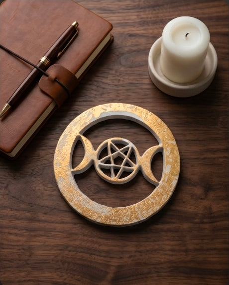 White & Gold Triple Moon Pentacle Altar Tile 4" | Metal Ritual Plate