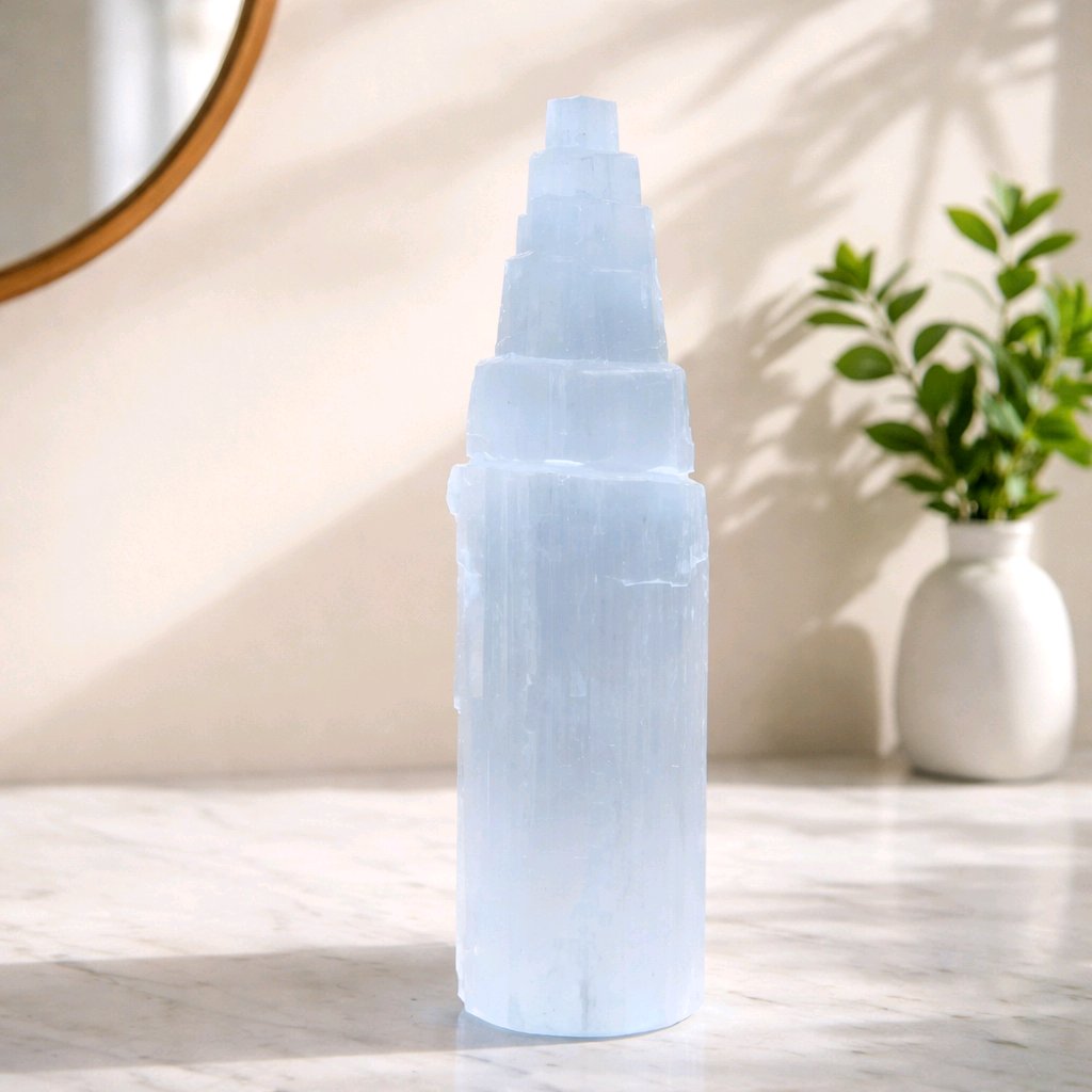 8" Selenite Skyscraper Tower – Natural Crystal Point for Energy Cleansing & Meditation