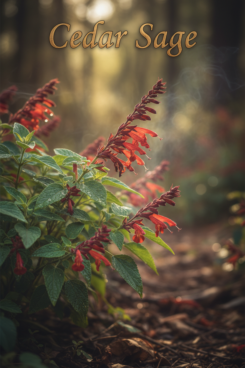 the plant Cedar Sage with words Cedar Sage at Top of picture