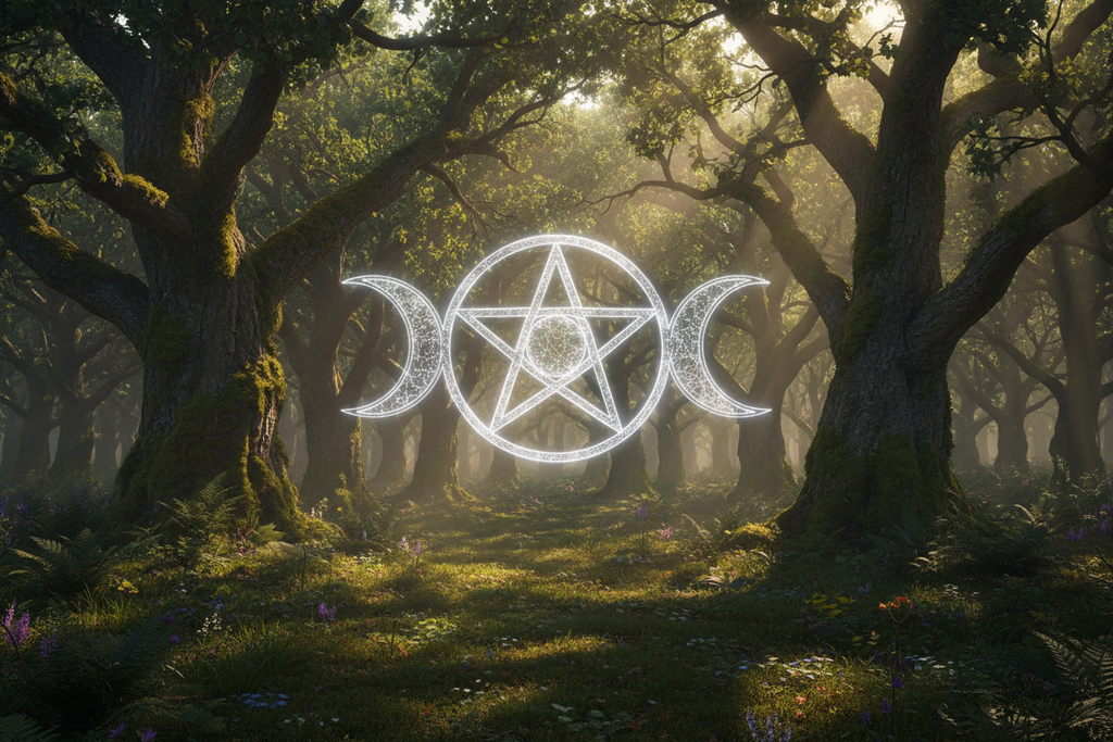 triple moon pentagram in country forest setting