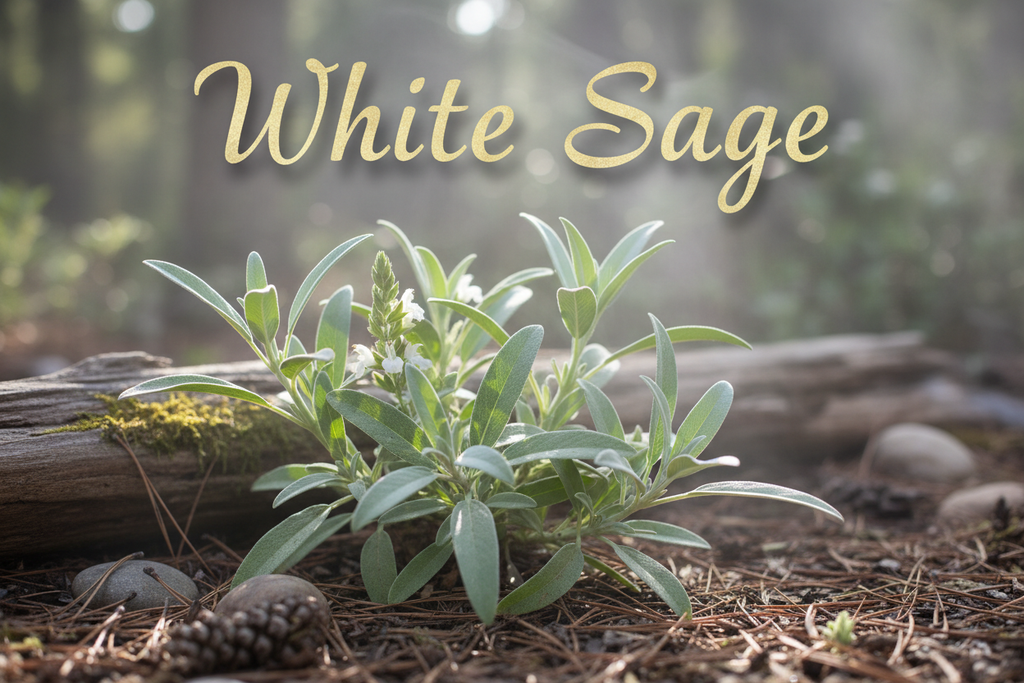 white sage plant with words White Sage at top of picture